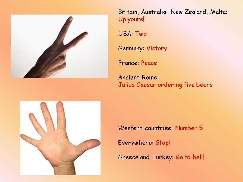 Britain, Australia, New Zealand, Malta: Up yours!  USA: Two  Germany: Victory 